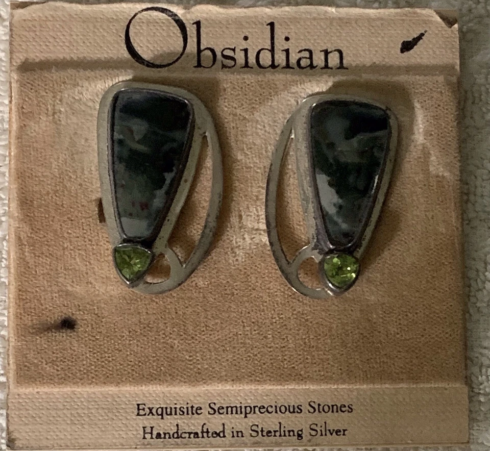 Vintage OBSIDIAN Sterling Silver Peridot Green Clip On Earrings 1984 - Image 2 of 4