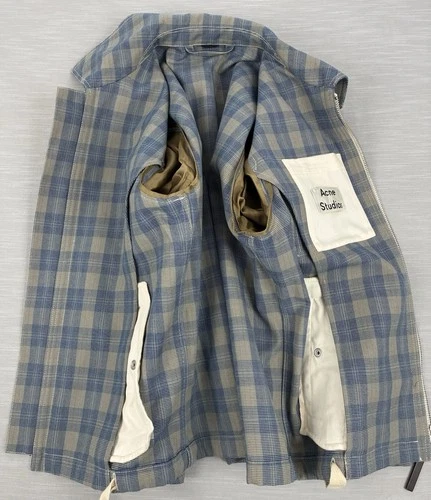 Acne Studios Plaid Jacket Blue & Taupe Two-Way Zipper Size 48 image 7