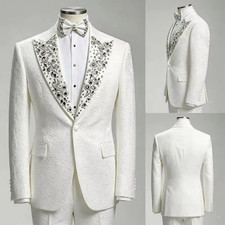 White Luxury Men's Suit Paisley Beading Jacket Tuxedo Wedding Prom Outfits