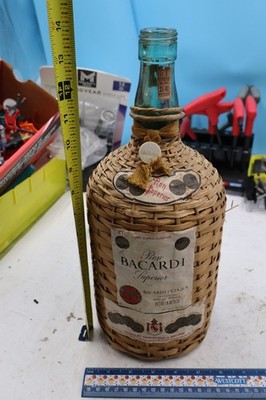 Mid Century Ron Bacardi Wicker Wrapped Superior Cuban Rum Bottle 14''. Good shape
