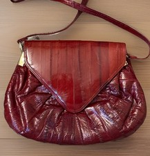 Vintage Genuine Eel Skin Leather Shoulder Bag Flap Crimson Red Suede Brass Gold