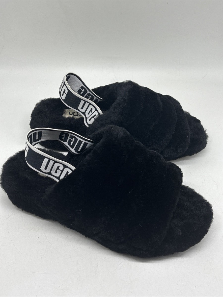 UGG Fluff Yeah Logo Slide Sandals Black Fuzzy Slippers  display picture 3