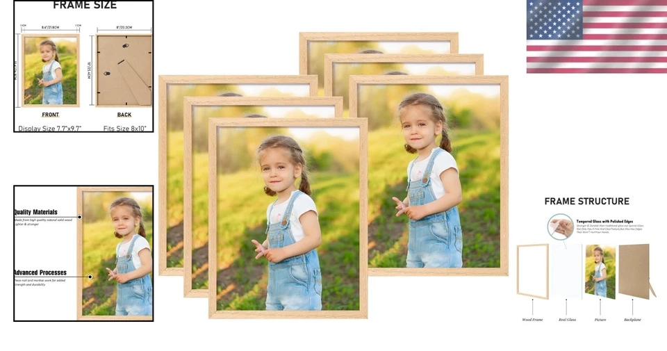 Elegant Oak Wood 8x10 Photo Frame Set of 6 - Real Glass Wall & Tabletop Display - Image 2 of 4