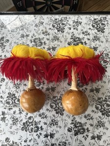 Authentic Hawaiian Large Uli Uli Rhythm Instruments, red and yellow feathers