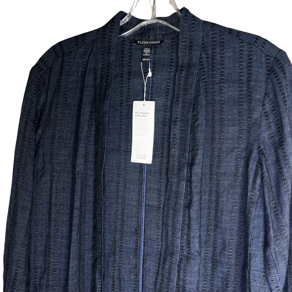 Eileen Fisher Long Jacket Sz XXS Blue Textured Organic Linen Stripe Quite Luxury - Image 4 of 4