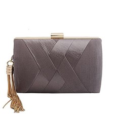 Women's Elegant Tassel Pendant Silk Evening Bag Clutch Purse for Bride Grey