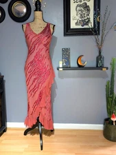 90s Y2K Monsoon Coral Ruffle Bias Cut Midi Dress UK 8/10 (US 6)