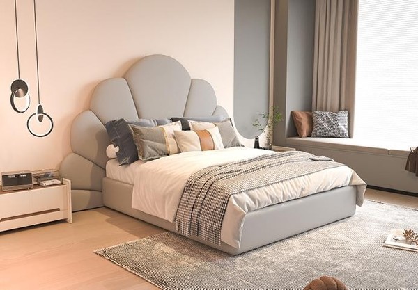 Luxus Graues Bett Blumigem Kopfteil Gepolstertes Design Modernes Schlafzimmer-image