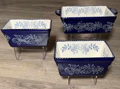 Set Of 3 Baum Stoneware Oven Loaf Casserole Baking Dish Blue White Paisley