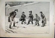 Original Old Antique Print Poor Children Snow Scene 1897 Man Country Victorian