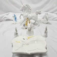 VTG Ceramic Unicorn Figurine Lot Of 8 White & Pastel Porcelain 80s Fantasy Decor