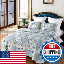 Vivilinen Oversized King Size Blue Floral Plaid Patchwork Quilt Set 128X120