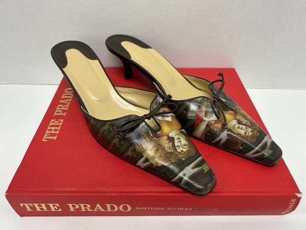 ICON Renaissance Painting Kitten Heel Mules, Made in Italy, Leather Size 9.5M