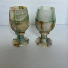 Onyx Wine Glasses Set of 2 Green Brown Striped Stone Goblets Barware