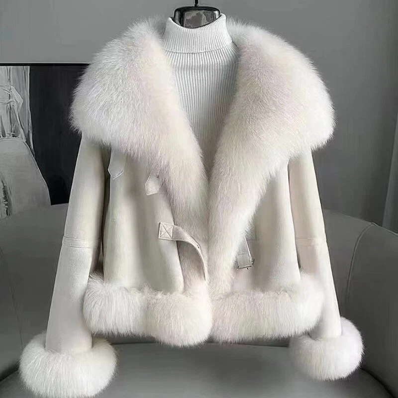 OFF WHITE Piumino donna vera pelliccia di volpe risvolto colletto pelle scamosciata corto invernale nuovo