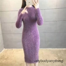 Women's Winter Clothing Mink Wool Thick Warm Turtleneck Sweater Bodycon Dresses