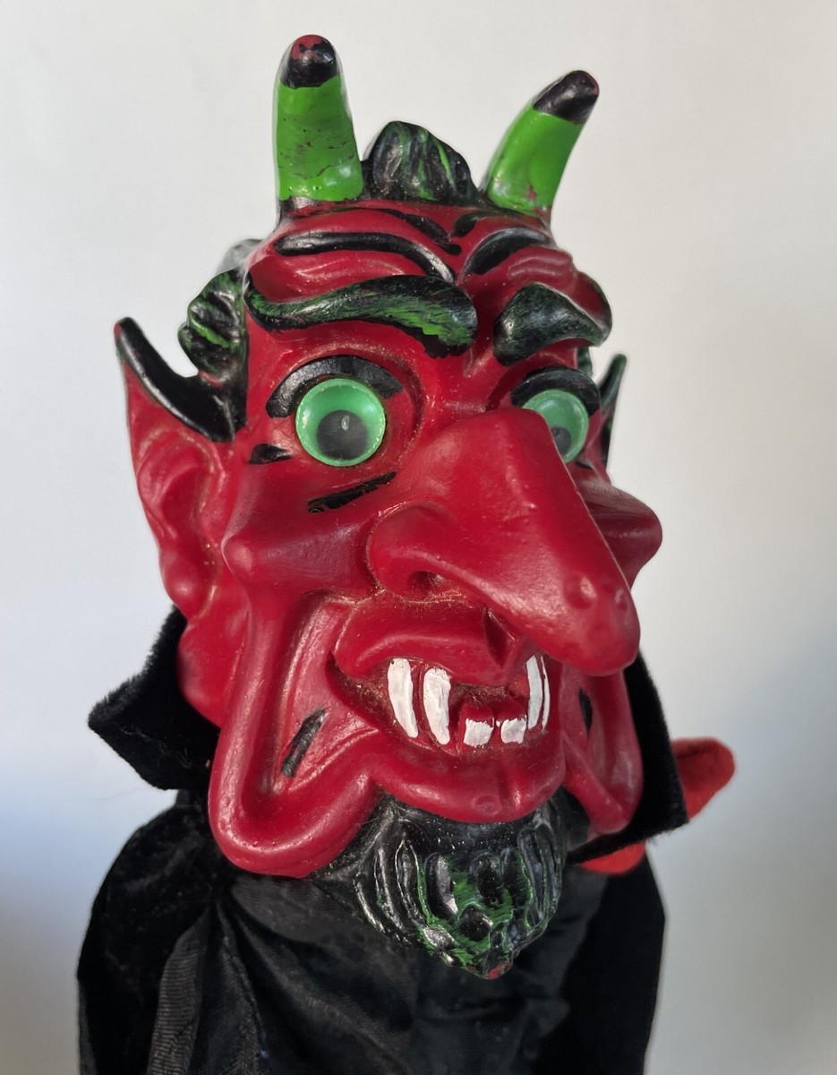 RED DEVIL Hand PUPPET 1960s GREEN Horns GOOGLY EYED Rubber Head