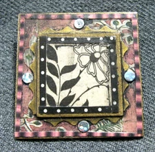 Vintage artisan cardboard collage silvertone metal dots flower square pin Signed