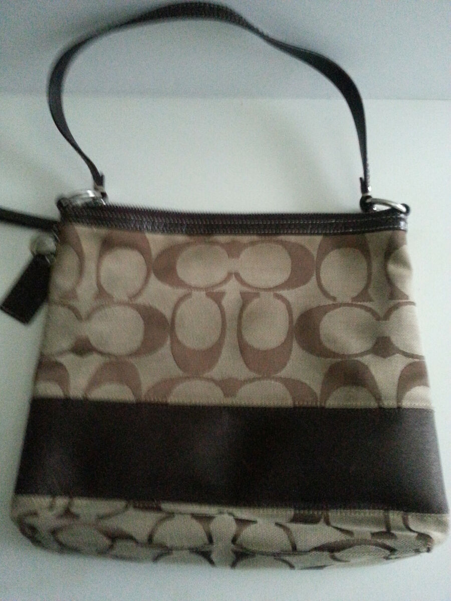 Coach F13674 Canvas Leather Brown Signature Shoulder Bag Coach F13674 Canvas Leather Brown Signature Shoulder Bag