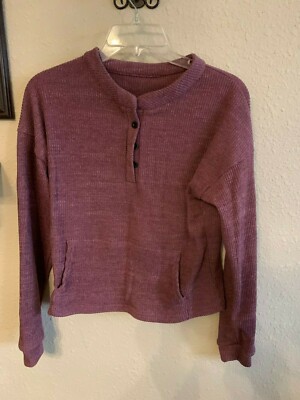 Ladies V-neck Ribbed Long Sleeve Mauve Shirt With Kangaroo Pocket size Small