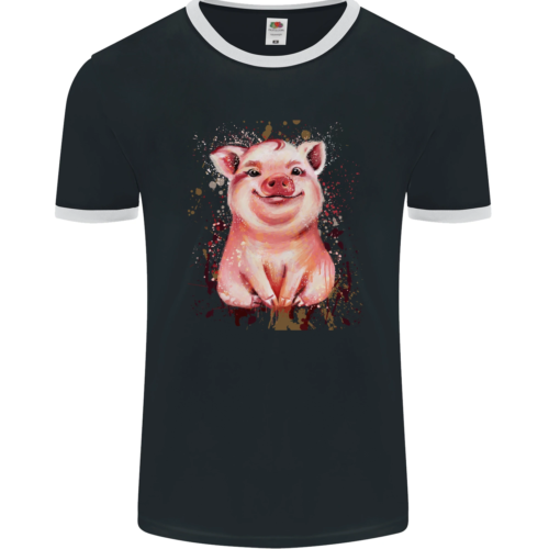 T-shirt Ringer da uomo acquerello maiale fotol - Foto 1 di 3