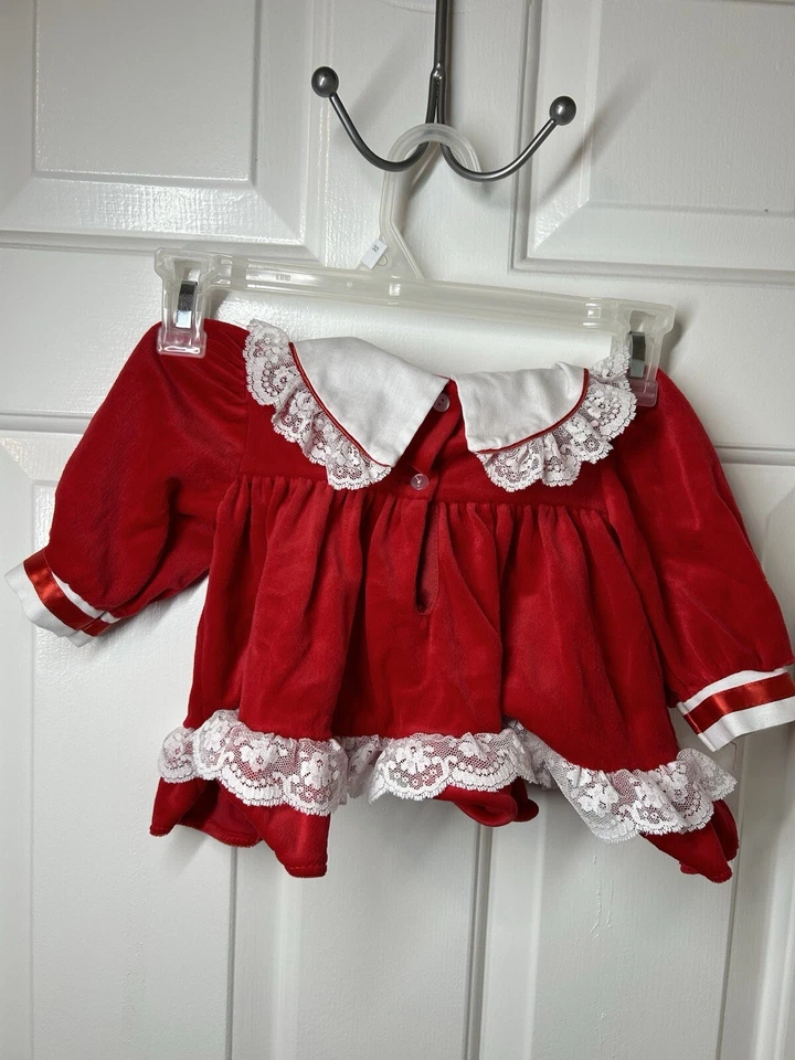Vtg 90s Red Velvet Girls 12 Mos Dress Broadway Kids Floral Lace Trim Christmas - Image 2 of 4
