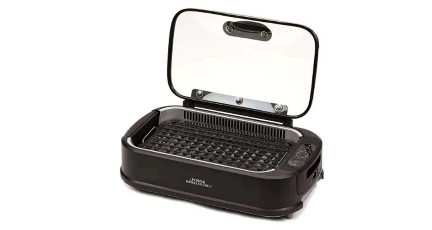 Power Smokeless Indoor Electric Grill Tempered Lid Interchangeable Griddle Plate