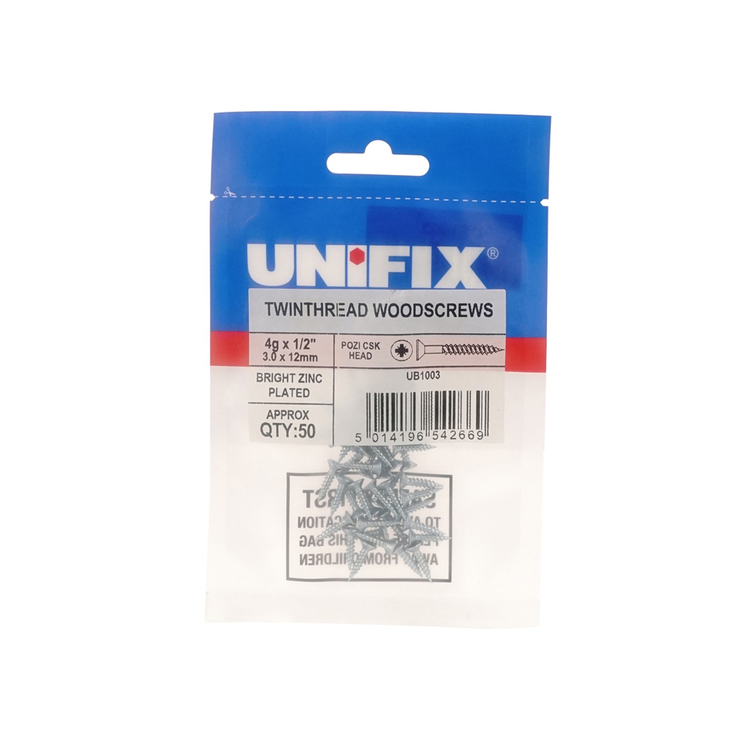 Unifix Twinthread Woodscrews Pozi Csk Head Bzp - 6G x 1.1/2"" - Box of 125