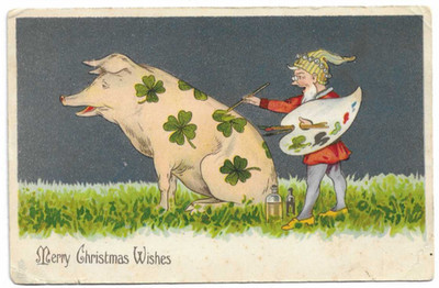 Tuck's Weihnachtsgruß Postkarte Ein Wichtel malt ein Schwein mit Kleeblättern