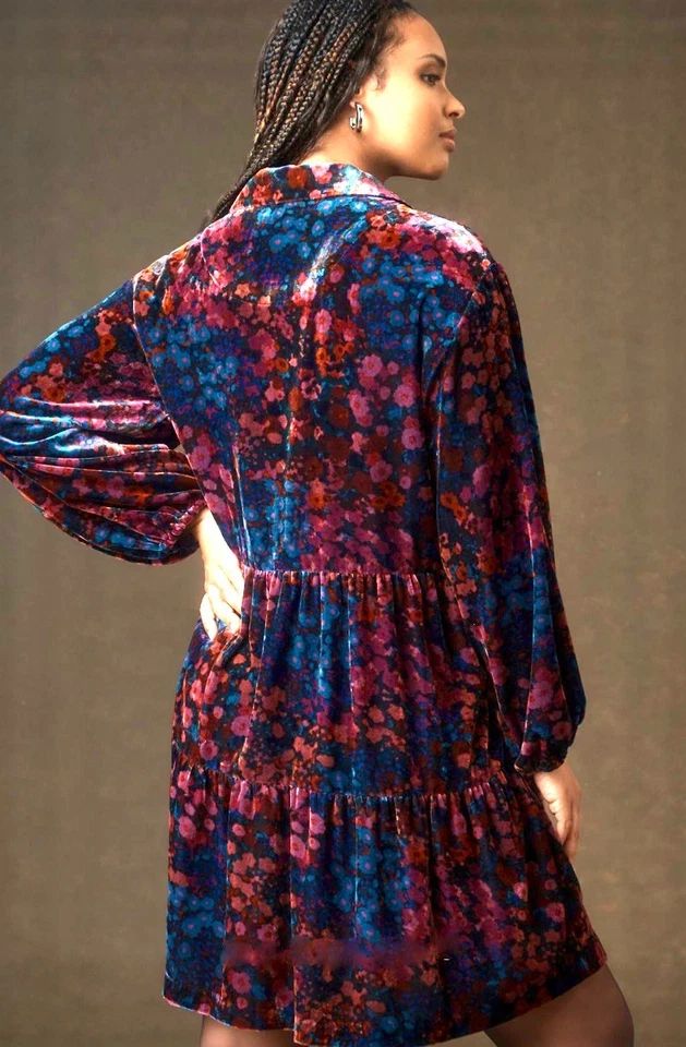 Anthropologie The Bettina Tiered Mini Shirt Dress Velvet Floral Wine Pink 2X NEW - Image 4 of 4