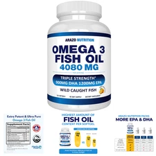 Wild Caught Omega 3 Fish Oil 120 Soft Gels 4,080mg EPA 900mg DHA Burpless
