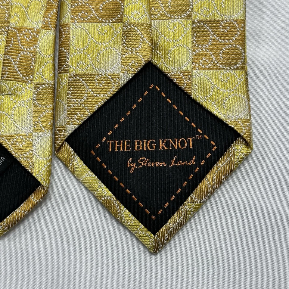 Corbata de diseñador The Big Knot Steven Land seda amarilla y dorada geométrica ornamentada Foto 4 de 4