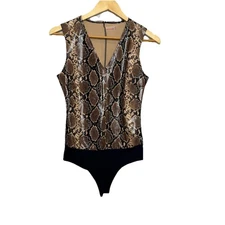Commando Faux Leather Deep V-Neck Bodysuit Brown Snake Print Sleeveless M NWT