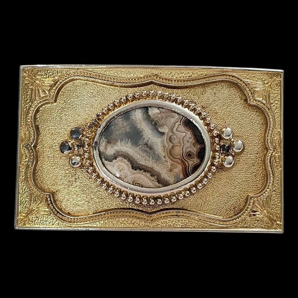 Cabujón de ágata de encaje loco hebilla estilo occidental de colección años 70 en tono dorado EC  Foto 2 de 4