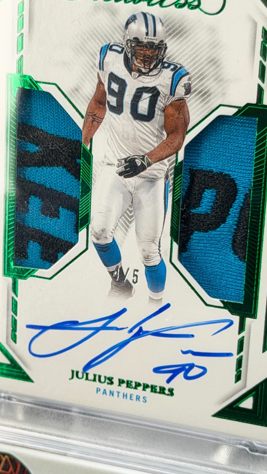 2023 Panini Flawless Julius Peppers Dual Patch Auto Green /5 PSA 8 view 2