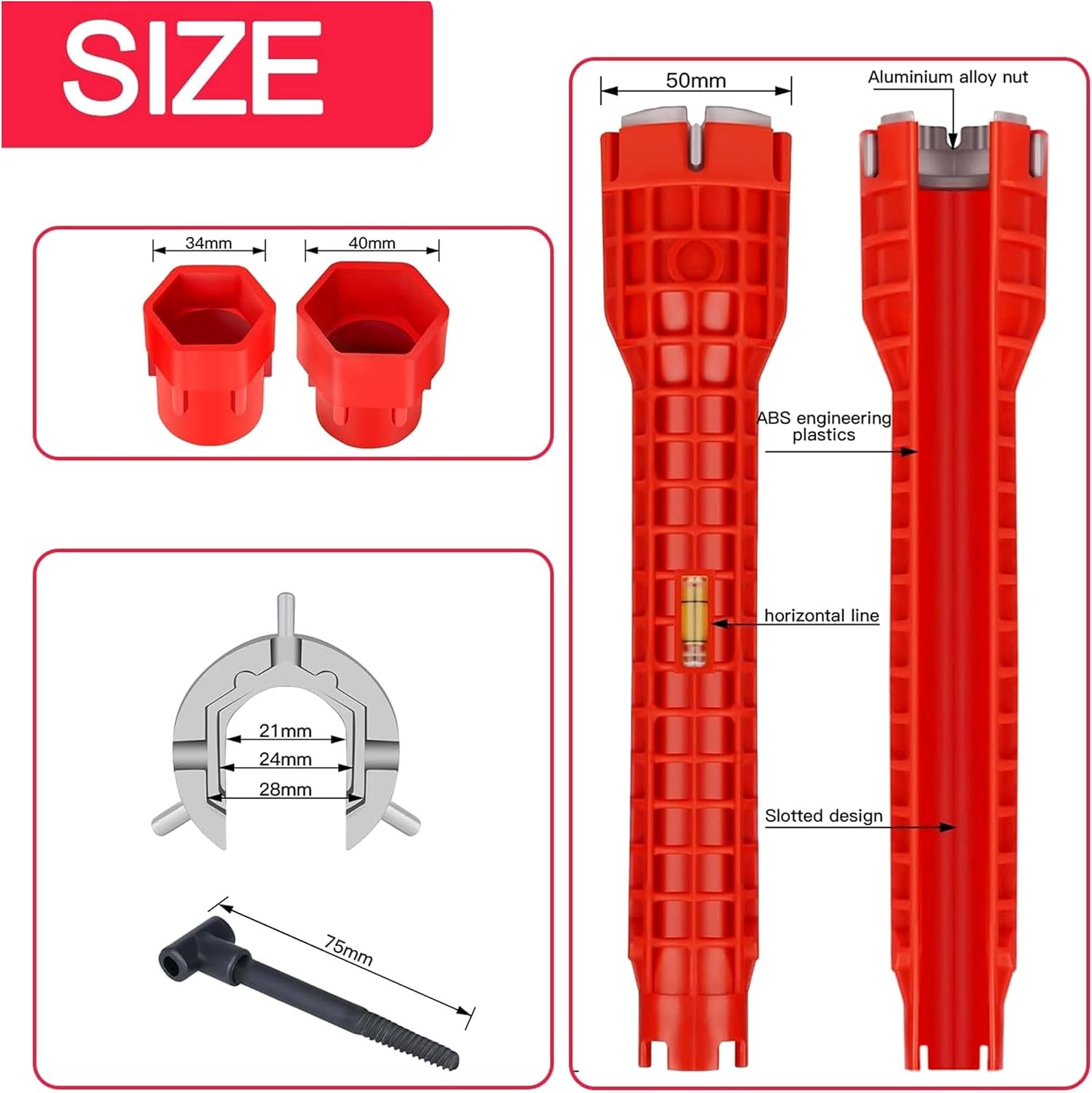 8 in 1Multifunctional Kitchen Faucet Sink Basin Wrench, Drain Tub Red 