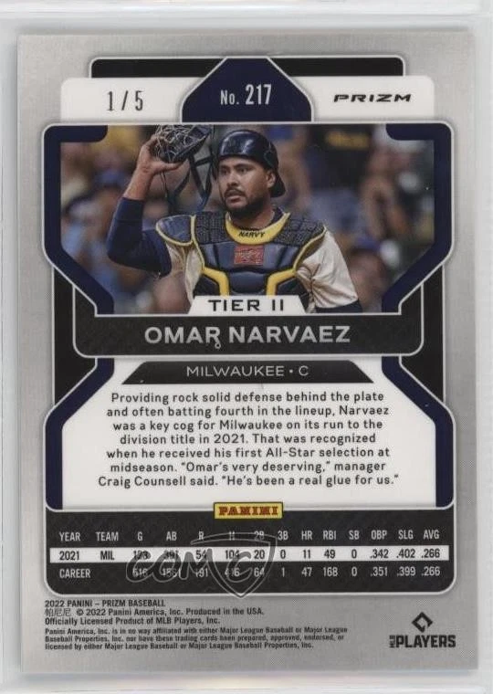 2022 Panini Prizm Tier II White Donut Circle Prizm /5 Omar Narvaez #217 - Image 2 of 2