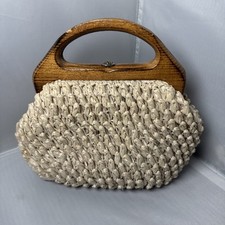VTG 11  Natural Straw Purse Bag Hand Made In Japan Wooden Handle Coastal/Summer