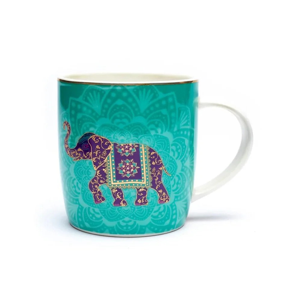 Turquoise Indian Elephant Mandala Tea Infuser Mug Set – Gift Boxed (No Lid)