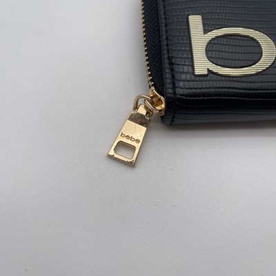 Bebe Black Embossed Faux Leather Logo Spellout Zip Around