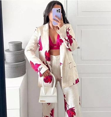 ZARA WOMAN NWT SS24 WHITE RED FLORAL PRINT SATIN EFFECT BLAZER SIZE S 8092/155 - Image 1 of 4