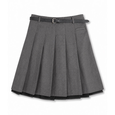 Women Gray Pleated Mini Skirt High Waist A Line Schoolgirl Skater Skirt Belted 