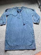 Madewell Women's Shift Dress Denim 1/4 Sleeve Tassel V-Neck Cotton Size XSmall