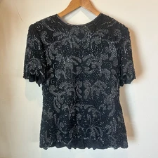 Vintage Papell Boutique Evening L Black Beaded Sparkle Top Blouse Shirt Silk