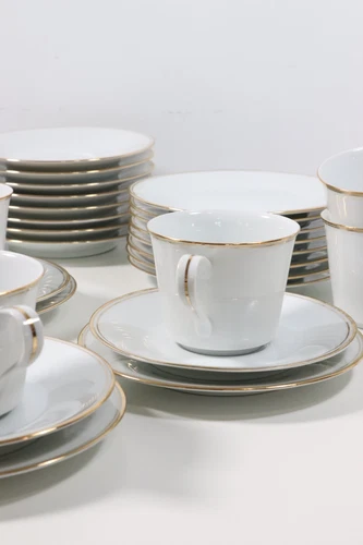 Mid Century RC Royal Ceramics Tea Cup and Saucer w/ Small Plate White & Gold rim