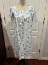 Women Short Sleeve White Nightgown w/Blue Butterflies Sz XL 37"L x 20"W