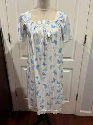 Women Short Sleeve White Nightgown w/Blue Butterflies Sz XL 37''L x 20''W