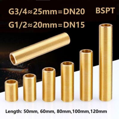 1Stk G1/2 20mm  G3/4 25mm BSPT Thread Messing Nippel 50mm 60mm 80mm 100mm 120mm