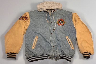 Vintage 90s Disney Mickey Mouse Denim Varsity Bomber Jacket W 