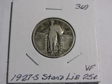 1927-S Standing Liberty Quarter #369 Scarce Date Low Mintage 396,000 minted - VF